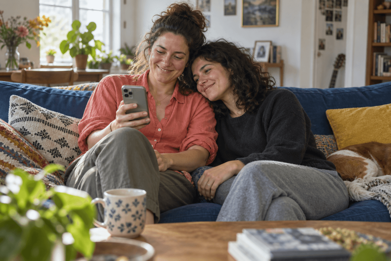Un couple retrouve ses souvenirs sur son téléphone.