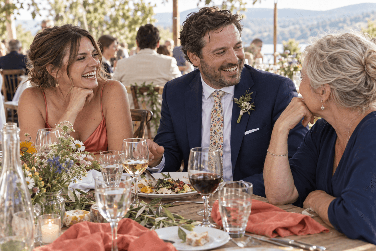 Des proches échangent autour d’une table de mariage.